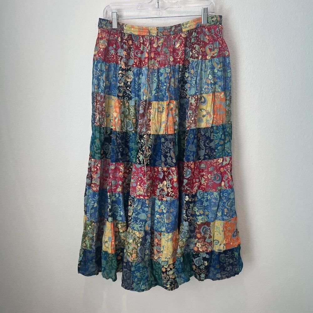 La Cera | Multicolor Patchwork Cotton Maxi Skirt With Drawstring | 2000s Vintage